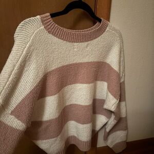 Hollister Cream and Dusty Rose Striped Crewneck Sweater